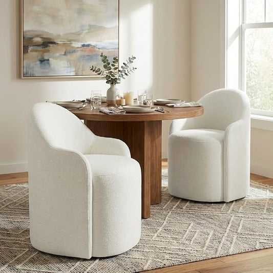 KISLOT Upholstered Dining Chairs with Casters, No Assembly Modern Dining Room Chairs Accent Vanity Chair with 5 Wheels & Round Backrest for Bedroom, Living Room, Dressing, Linen Fabric, Set of 2
