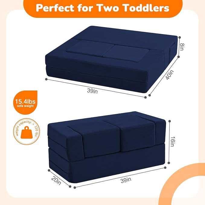 MeMoreCool Convertible Modular Kids Couch – Foam Toddler Sofa with Washable Removable Cover, Soft Plush Fold-Out Floor Couch for Bedroom (Navy)