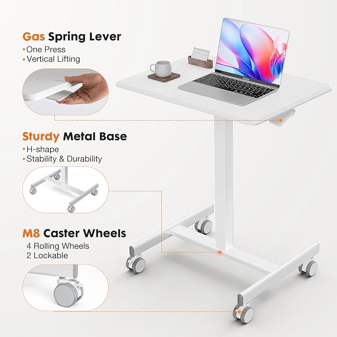 Sweetcrispy Mobile Rolling Desk with Lockable Wheels, Small Standing Laptop Desks, Sit Stand Adjustable Height Table Portable, Computer Workstations for Home Office, White