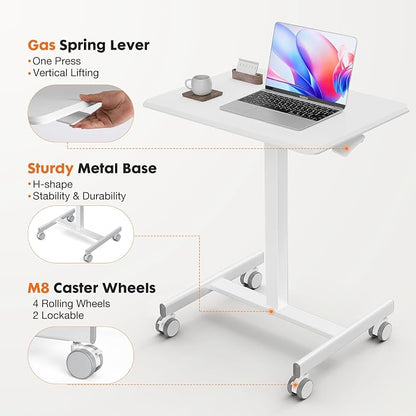 Sweetcrispy Mobile Rolling Desk with Lockable Wheels, Small Standing Laptop Desks, Sit Stand Adjustable Height Table Portable, Computer Workstations for Home Office, White