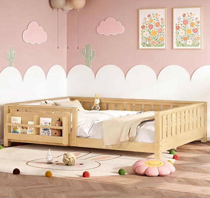 Bellemave Queen Size Floor Bed with high Rails and with Built-in Bookshelf for Kids, Girls, Boys, Wood Montessori Floor Bed Without Door, Light Natural
