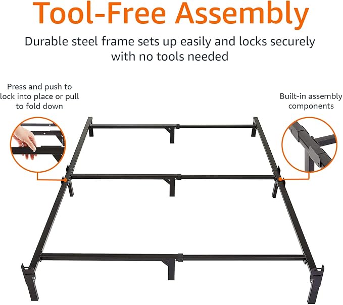 Amazon Basics Metal Bed Frame, 9-Leg Support Base for Box Spring and Mattress, Tool-Free Easy Assembly, No Tools Required, Full Size, Black