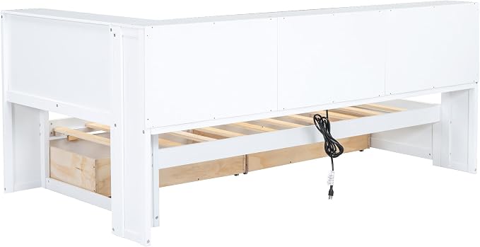 Bellemave Twin Corner Bed Frame with USB Ports, Wood Twin Size Daybed with L-Shaped Bookcase and 2 Drawers，Daybed with Storage Cabinets, White