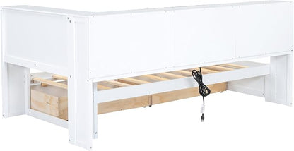 Bellemave Twin Corner Bed Frame with USB Ports, Wood Twin Size Daybed with L-Shaped Bookcase and 2 Drawers，Daybed with Storage Cabinets, White