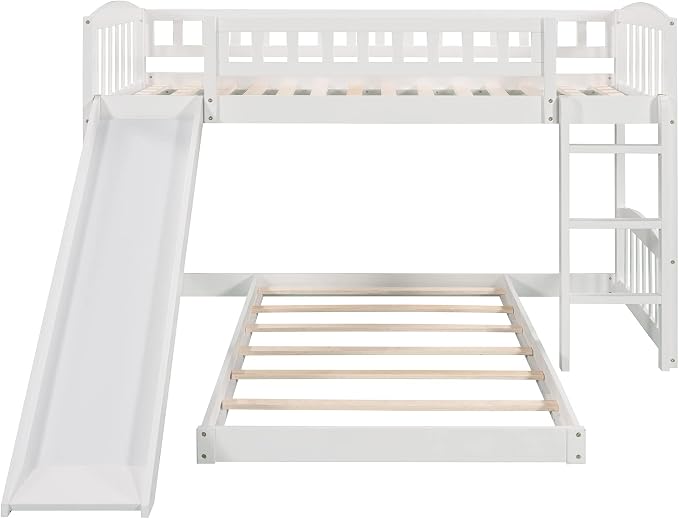 Twin Over Twin Bunk Bed, Wood Bunk Bed with Slide and Ladder, White