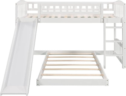 Twin Over Twin Bunk Bed, Wood Bunk Bed with Slide and Ladder, White