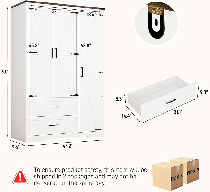 Hlivelood 3 Doors Wardrobe Armoire Closet with Doors and Drawers, Farmhouse Wooden Armoire Storage Cabinet with Shelves & Hanging Rod for Bedroom, White