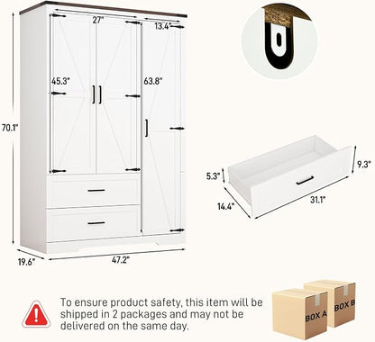 Hlivelood 3 Doors Wardrobe Armoire Closet with Doors and Drawers, Farmhouse Wooden Armoire Storage Cabinet with Shelves & Hanging Rod for Bedroom, White
