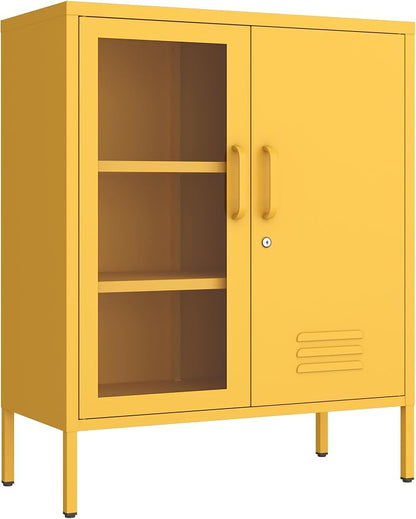 Yellow Lockable Glass & Metal Door Storage Cabinet, 3-Tier Freestanding Locker Organizer with 2 Adjustable Shelves, Multipurpose Unit for Home, Entryway, Hallway, 33" H x 29.5" W x 13.8" D