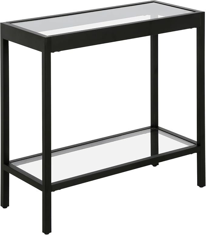 Henn&Hart 24" Wide Rectangular Rectangular Side Table in Blackened Bronze, Table for Living Room, Bedroom | Two-tiered glass shelves with a metal frame, offering open display space for living rooms, offices, or bedrooms