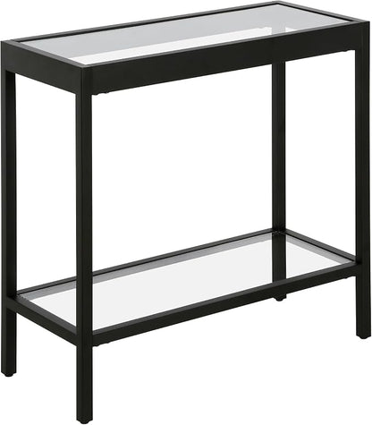 Henn&Hart 24" Wide Rectangular Rectangular Side Table in Blackened Bronze, Table for Living Room, Bedroom | Two-tiered glass shelves with a metal frame, offering open display space for living rooms, offices, or bedrooms