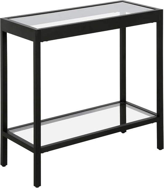Henn&Hart 24" Wide Rectangular Rectangular Side Table in Blackened Bronze, Table for Living Room, Bedroom | Two-tiered glass shelves with a metal frame, offering open display space for living rooms, offices, or bedrooms
