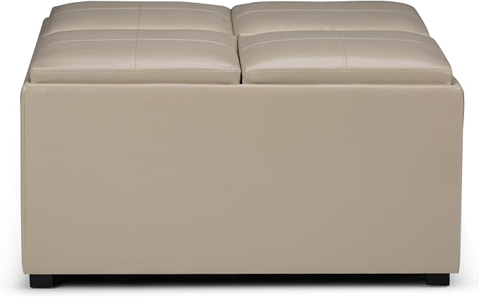 SIMPLIHOME Avalon Wide Contemporary Square Coffee Table Storage Ottoman, Satin Cream, Table Ottoman