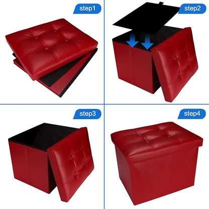 Bsketa Storage Ottoman, Folding Foot Stool with Thicker Foam Padded Seat Small Leather Storage Ottoman Bench Foot Rest for Living Room Foldable Coffee Table 17x13x13in,Red