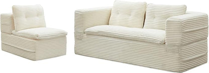 80'' Futon Sofa Bed, King Size Foldable Sleeper Sofa, Corduroy Boneless Loveseat Couch with Chaise Lounge, 3 Pillows, Blanket, Upholstered Sectional Couches for Living Room, Bedroom, Beige
