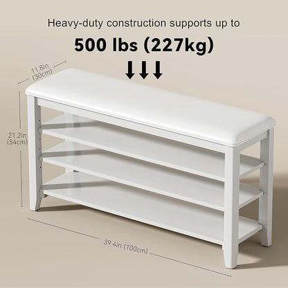 Shoe Rack Bench Entryway Storage with Leather Cushion, Shoe Organizer Bench for Entryway, Ideal for Front Doors Entrances Hallway Mudroom Featuring Rubberwood And 3 Height-Adjustable Removable Shelve
