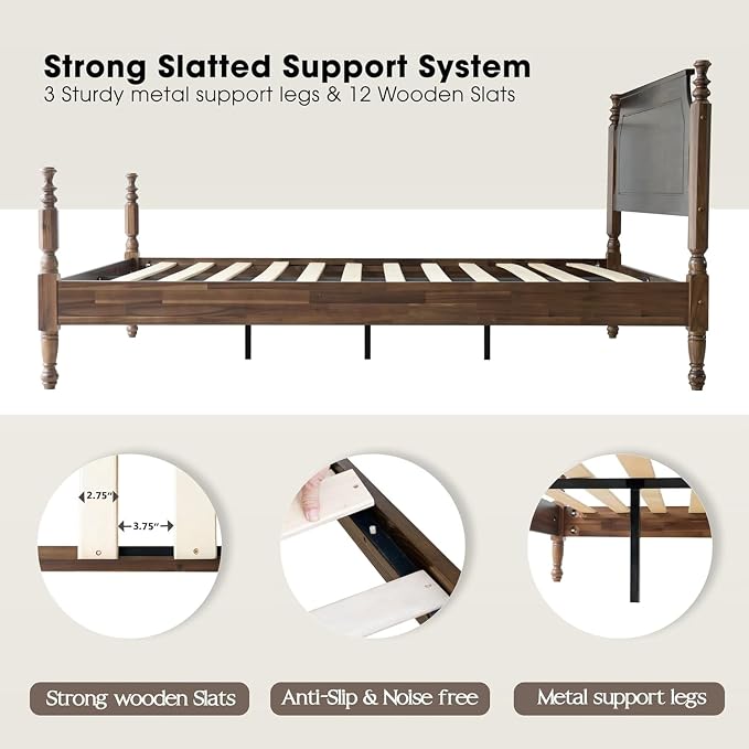Solid Wood King SizePlatform Bed Frame with Headboard & Footboard, Center Metal Legs, 12 Sturdy Slats Base, Easy Assembly, No Box Spring Needed, Anti-Noise & Slip-Free, Walnut Finish, ROK-37