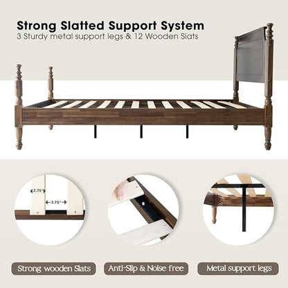 Solid Wood King SizePlatform Bed Frame with Headboard & Footboard, Center Metal Legs, 12 Sturdy Slats Base, Easy Assembly, No Box Spring Needed, Anti-Noise & Slip-Free, Walnut Finish, ROK-37