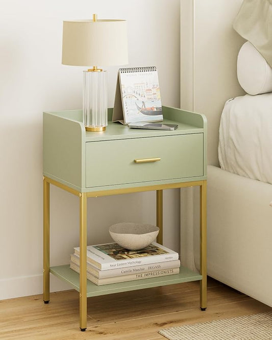 Masupu Nightstand,Bedside Table 3-Tier Modern Night Stand with Storage Drawer and Shelf,Small End Side Table for Bedroom,Living Room,Black (Without Outlet, Green)