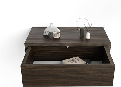 Mobili Fiver, Riccardo Wall Bedside Table, Dark Walnut, 17.7" x 9.8" x 6.1 ", Melamine-Finished, Modern Bedside Table, End Table, Italian Furniture