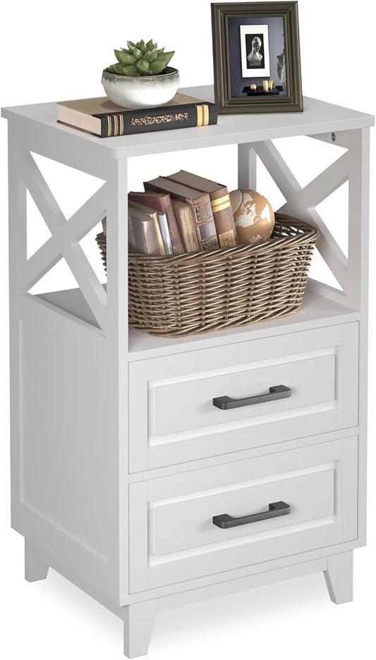 May in Color Nightstand, 30" Tall Bedside Table, Farmhouse Side Table with Storage Drawers and Open Shelf, Wooden Rustic End Table Cabinet for Bedroom, Home Office, White