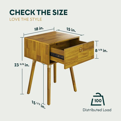 Bme Alden Wood Nightstand, Solid Wood End Table, Mid Century Modern Nightstand, Side Table with 1 Drawer, Compact for Bedroom, Living Room & Study Room, Easy Assembly, Honeyed Wood