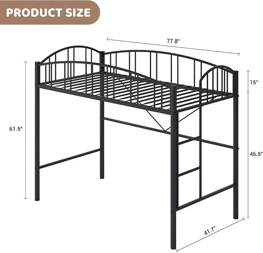 GarveeHome Loft Bed Twin Size, Heavy Duty Metal Loft Bed Frame with Arched Guardrail and Safety Ladder, Space-Saving, No Box Spring Needed, Modern Black