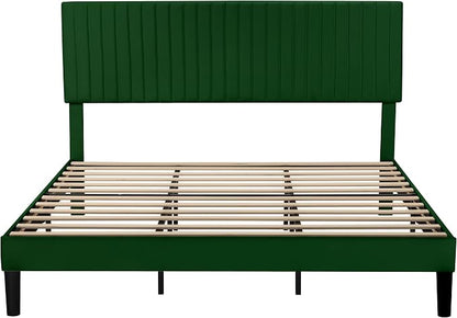 Allewie King Bed Frame, Velvet Upholstered Platform Bed with Adjustable Vertical Channel Tufted Headboard, Mattress Foundation with Strong Wooden Slats, Box Spring Optional, Easy Assembly, Green