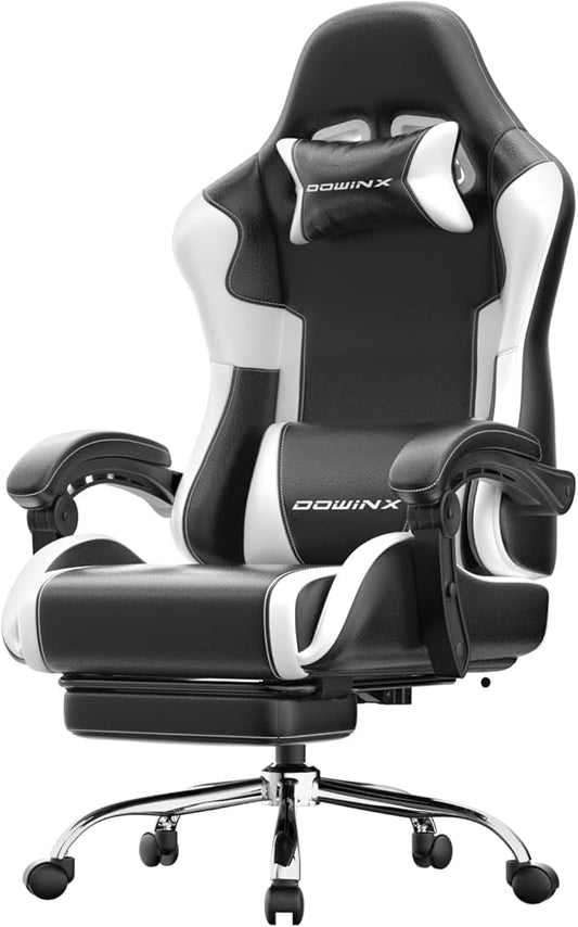 Dowinx Gaming Chair with Footrest, 330lbs Computer Chair 2D Lift Linkage Armrest, Massage Lumbar, Height Adjustable Ergonomic Comfy Video Game Chairs for Home Office Streaming, Long Gaming, White
