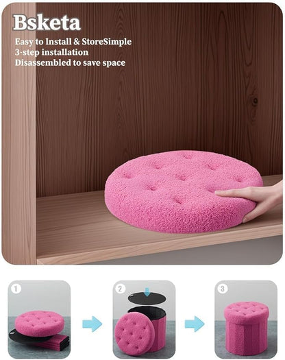 Bsketa Round Storage Ottoman, 14" Folding Velvet Foot Stool,Pink 2 Pack