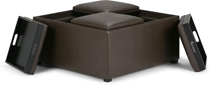 SIMPLIHOME Avalon 35 inch Wide Contemporary Square Coffee Table Storage Ottoman in Chocolate Brown Vegan Faux Leather, Assembled, For the Living Room and Bedroom
