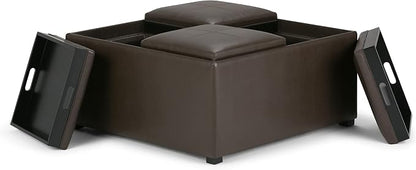 SIMPLIHOME Avalon 35 inch Wide Contemporary Square Coffee Table Storage Ottoman in Chocolate Brown Vegan Faux Leather, Assembled, For the Living Room and Bedroom