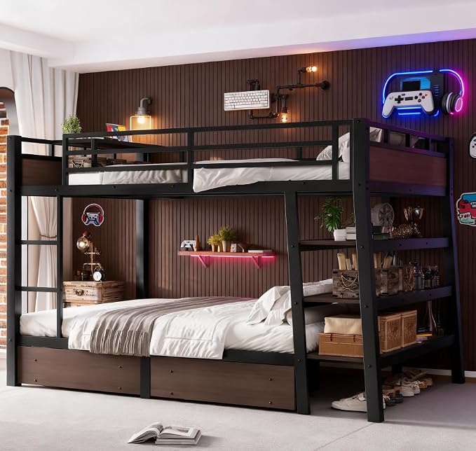 Bellemave Bunk Bed Full Over Full，Metal Bunk beds with Storage Shelves, LED Light Strip, and USB Power Strip, Upper Bed with Desk, Black