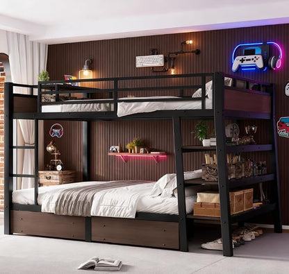 Bellemave Bunk Bed Full Over Full，Metal Bunk beds with Storage Shelves, LED Light Strip, and USB Power Strip, Upper Bed with Desk, Black