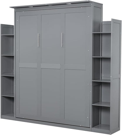 MERITLINE Queen Murphy Bed with Storage and LED Lights, Wood Grey Murphy Wall Bed Cabinet with Shelves Bookcase Bookshelf for Adults (Grey,Queen)
