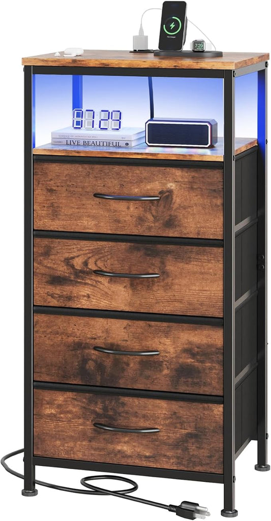 DUMOS Nightstand with Charging Station, Bedside End Table with 4 Fabric Drawers & USB/Type-C Ports and Outlets, Night Stand for Bedroom Furniture, Adjustable Feet and Variable Light Strip, Rust