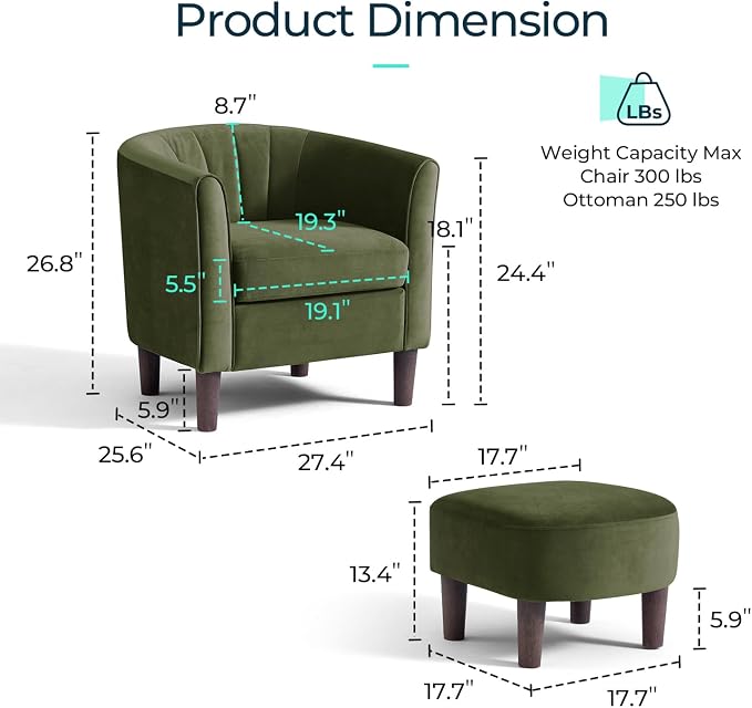 LINSY Accent Chair with Ottoman, Modern Barrel Chair Comfy Armchair Reading Chair with Footrest, Small Round Arms Chair for Living Room Bedroom Reading Room, Velvet, Olive