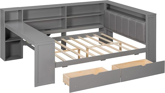 Bellemave Full Corner Bed with Storage Shelves and Desk, Upholstered Headboard Daybed with Bookcase and Drawers，Daybed with Storage, Grey+ Grey Cushion
