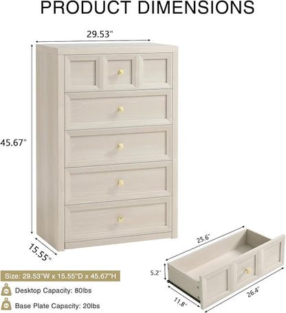 5 Drawers Dresser for Bedroom, 45.7" Tall Large Dresser & Chests of Drawers with Metal Handle, Clothes Storage Organizer Dresser w/Natural Texture for Bedroom, Living Room-Grey White