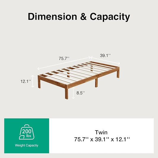 Novilla 12 Inch Wooden Twin Bed Frame, Platform Twin Size Bed Frame Without Headboard, Sturdy Wood Slat Support, No Box Spring Needed, Easy Assembly, Natural