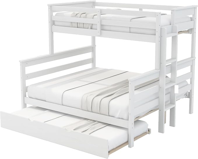 Wood Bunk Bed Twin XL Over Queen Size with Trundle, Detachable Design Bunk Bed Frame with Safety Guardrail, Ladder and Sturdy Slats Support (White+Trundle)
