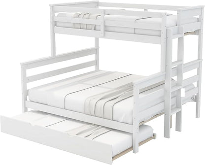 Wood Bunk Bed Twin XL Over Queen Size with Trundle, Detachable Design Bunk Bed Frame with Safety Guardrail, Ladder and Sturdy Slats Support (White+Trundle)