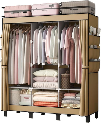 Portable Closet, 51.18" Large Capacity Wardrobe with 3 Hanging Rods, 6 Shelves & 18 Side Pockets, Dustproof Organizer for Bedroom, Dorm & Apartment (Cream Colour, Large)