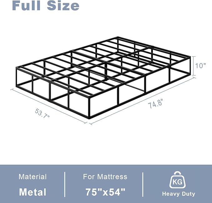 Tyndall 10 Inch Full Size Box Spring, Heavy Duty Metal Box Spring for Full Bed Mattress Foundation with Fabric Cover, Noise-Free, Non Slip, Easy Assembly