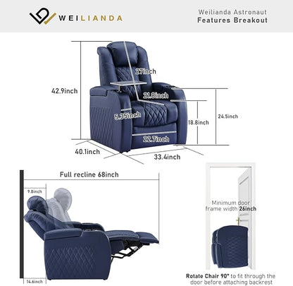 Weilianda Home Theater Seating Top Grain Leather Zero Gravity Recliner Chair Power Headrest Recline Movie Seat Gaming 7 Colors Mood Light Sofa with Tray Table USB Charge Row of 1 Blue