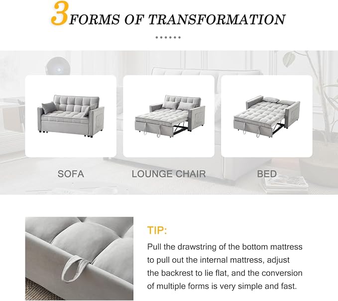 3-in-1 Loveseat Sleeper Sofa, Modern 55.5" Pull Out Couch, Velvet Upholstered Futon Sofa Bed with Adjustable Backrest, Convertible Sofa Bed with Storage Pockets for Living Room(Light Grey)