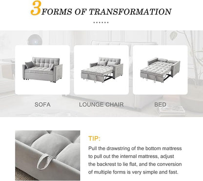 3-in-1 Loveseat Sleeper Sofa, Modern 55.5" Pull Out Couch, Velvet Upholstered Futon Sofa Bed with Adjustable Backrest, Convertible Sofa Bed with Storage Pockets for Living Room(Light Grey)