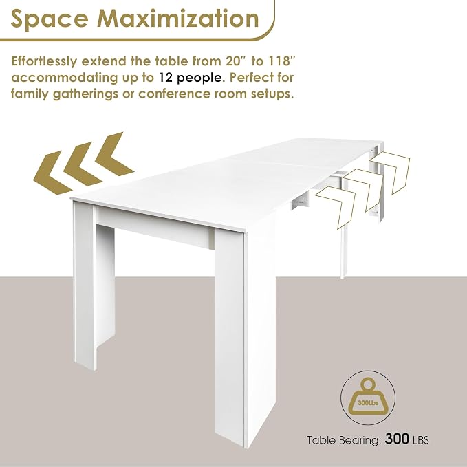 20"-118" White Extendable Dining Table for 2-12 People, Modern Modular Extension Table, Space-Saving Extra Long Folding Dining Table, Multifunctional Conference Meeting Table