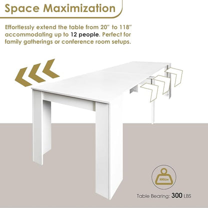 20"-118" White Extendable Dining Table for 2-12 People, Modern Modular Extension Table, Space-Saving Extra Long Folding Dining Table, Multifunctional Conference Meeting Table