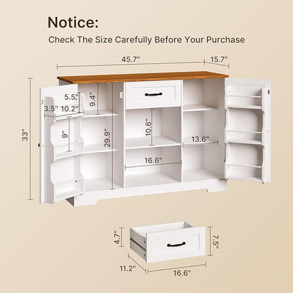 Gizoon 45" Kitchen Sideboard Buffet Cabinet with Storage Coffee Bar Cabinet with Drawer, Kitchen Pantry Storage with Door and Shelves for Bathroom and Living Room, White and Rustic